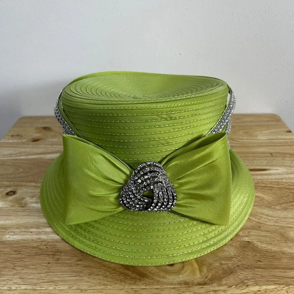Vintage Lime Green Church Hat Rhinestone Bow Accent Derby Pillbox Style